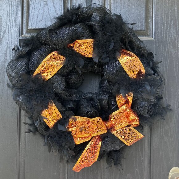 Halloween Feather Deco Mesh Wreath Black Orange Glitter Ribbon Large Big - Picture 1 of 6